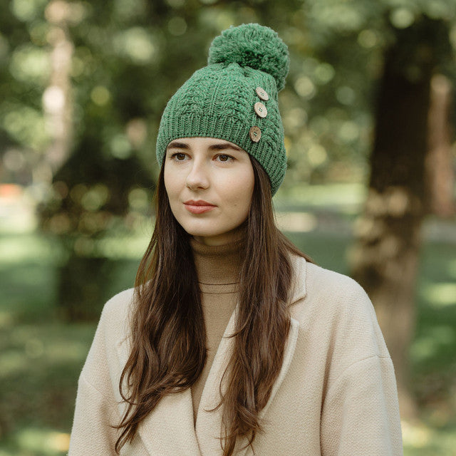 Saol Knitwear Ladies Button Pom Pom Hat