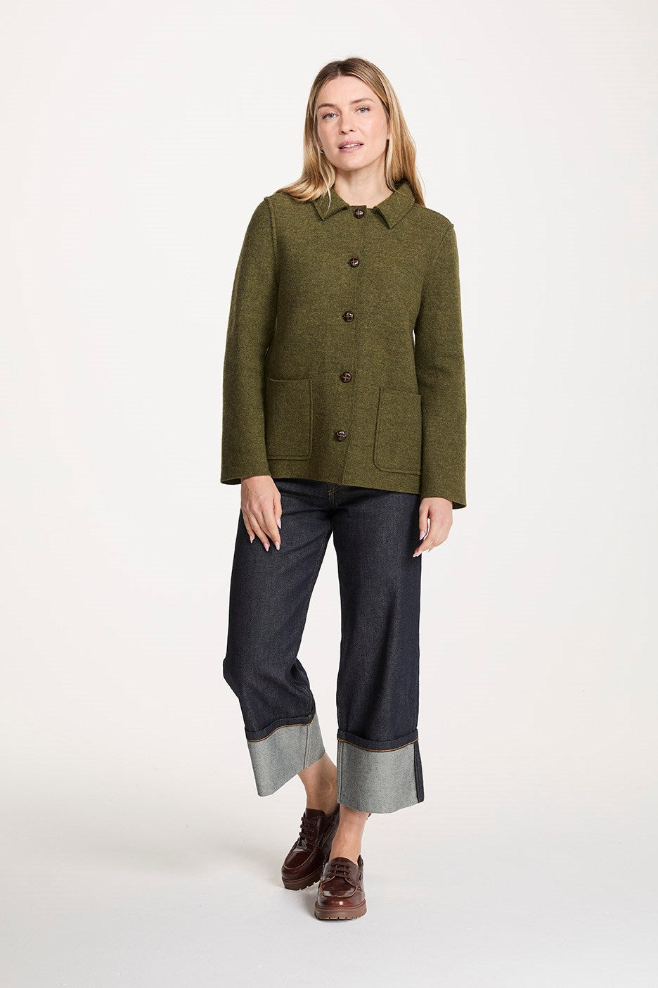 Boiled Wool Jacket with Collar Green Melange