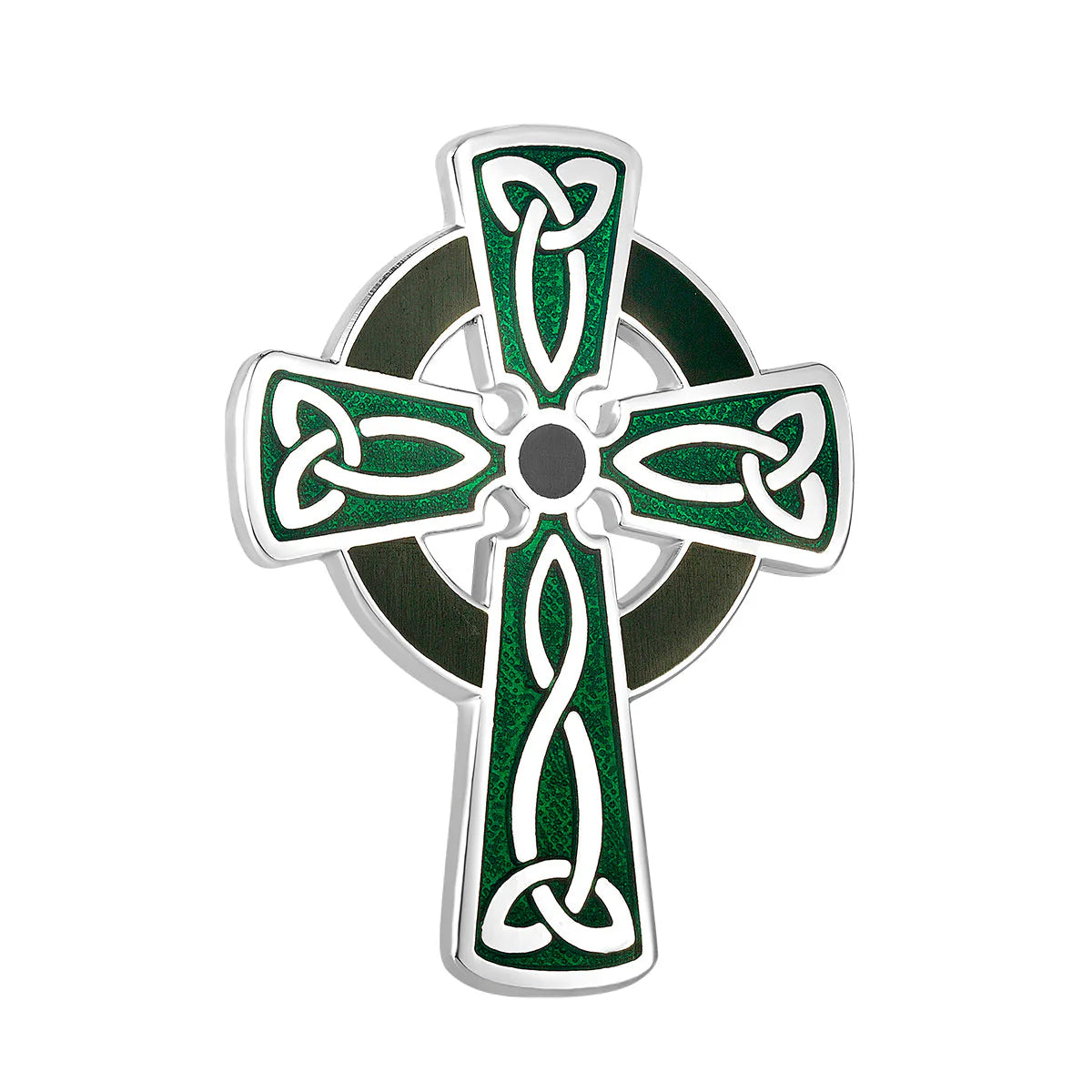 Rhodium Black Green Enamel Celtic Cross Brooch