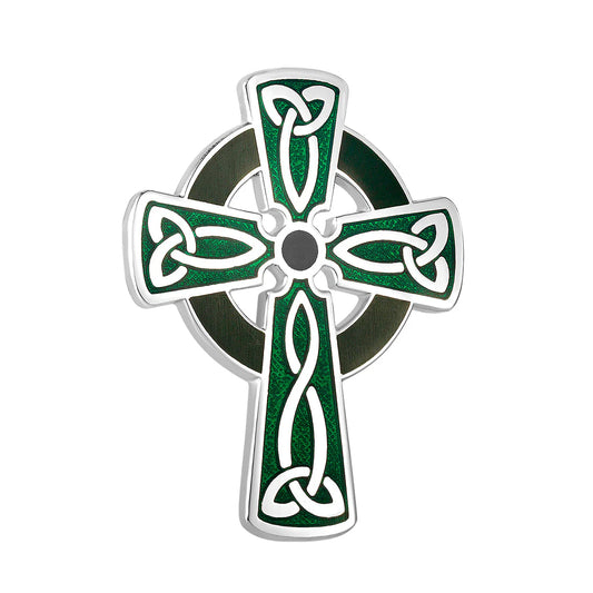 Rhodium Black Green Enamel Celtic Cross Brooch