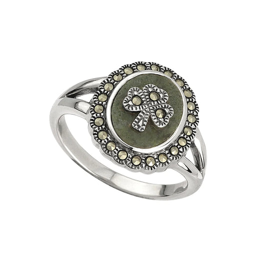 Connemara Marble Marcasite Shamrock Ring