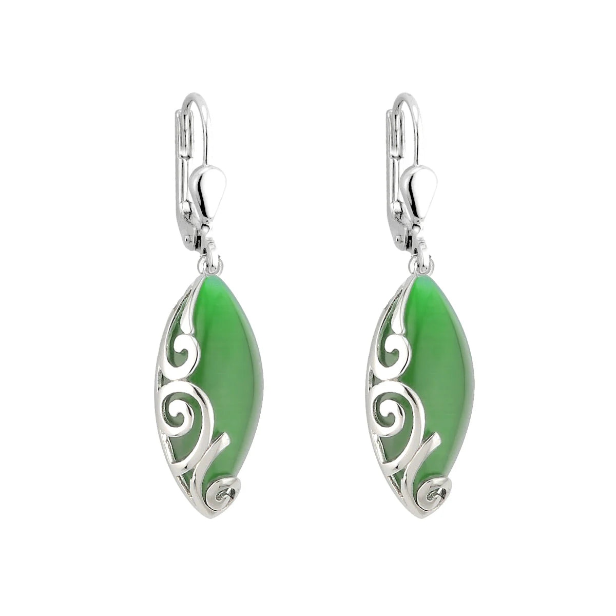 Solvar Rhodium Plated Green Cat Eye Celtic Drop Earrings