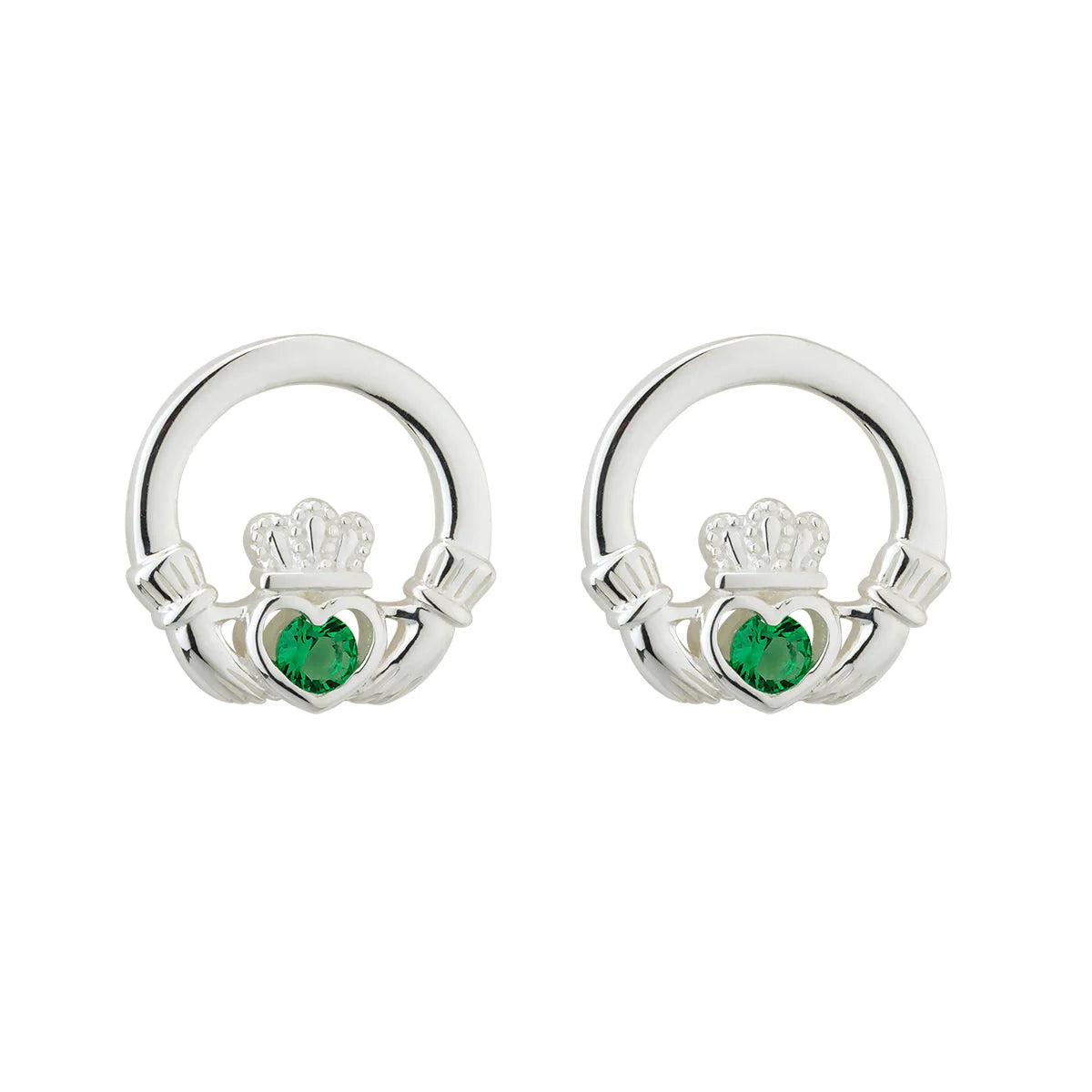 Sterling Silver Green Crystal Claddagh Stud Earrings