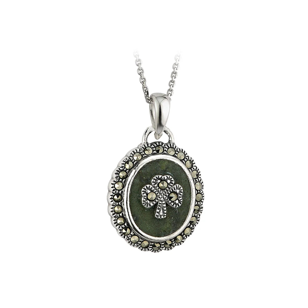 Solvar Sterling Silver Connemara Marble Oval Shamrock Pendant w/Marcasite