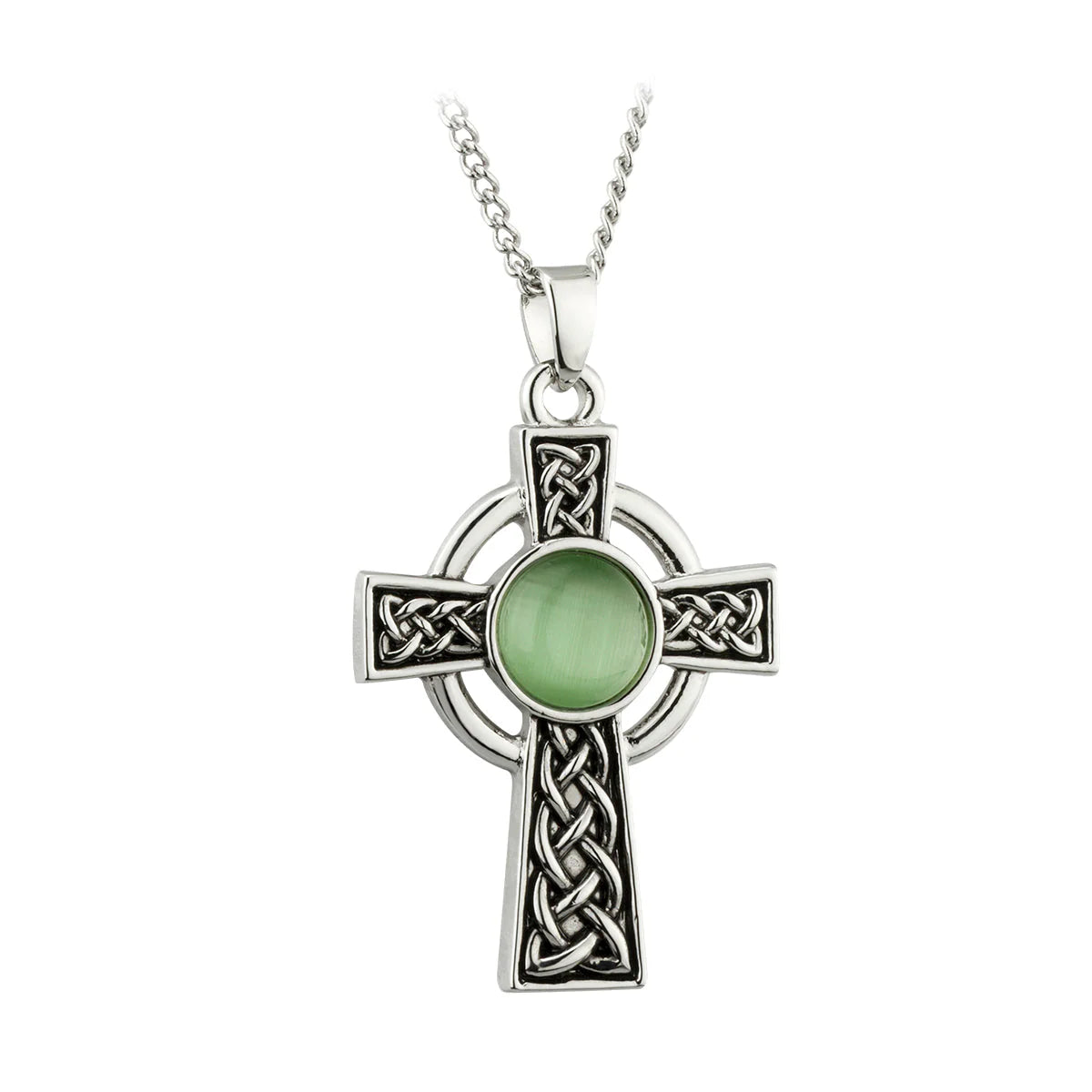 Solvar Rhodium Green Cat Eye Celtic Cross Pendant