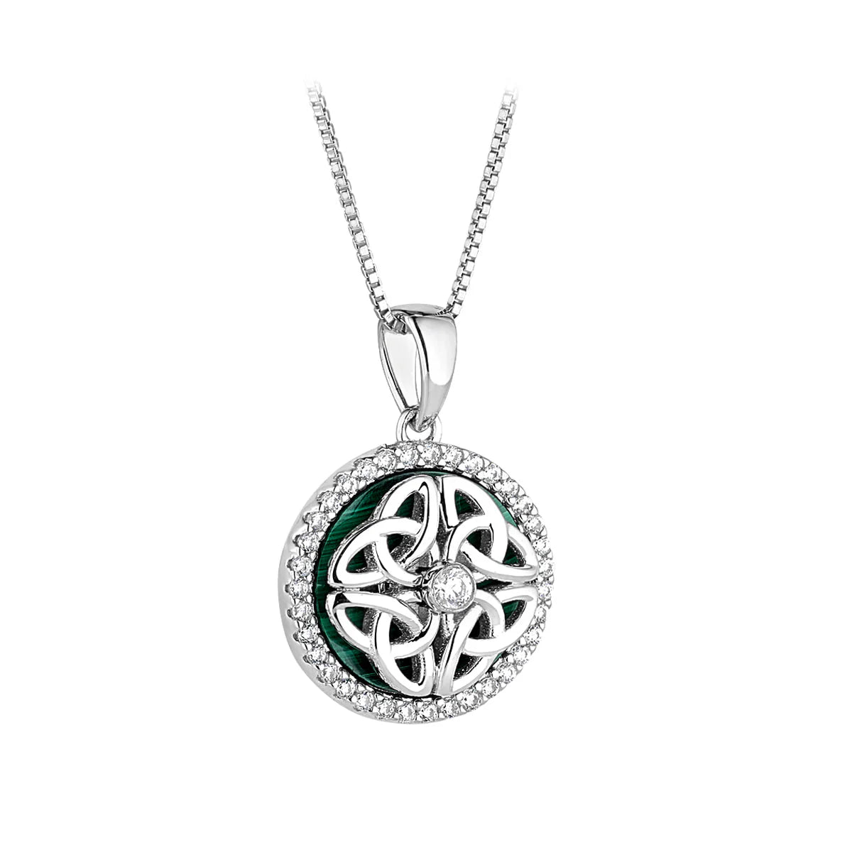 STERLING SILVER MALACHITE & CZ SPINNING CELTIC NECKLACE