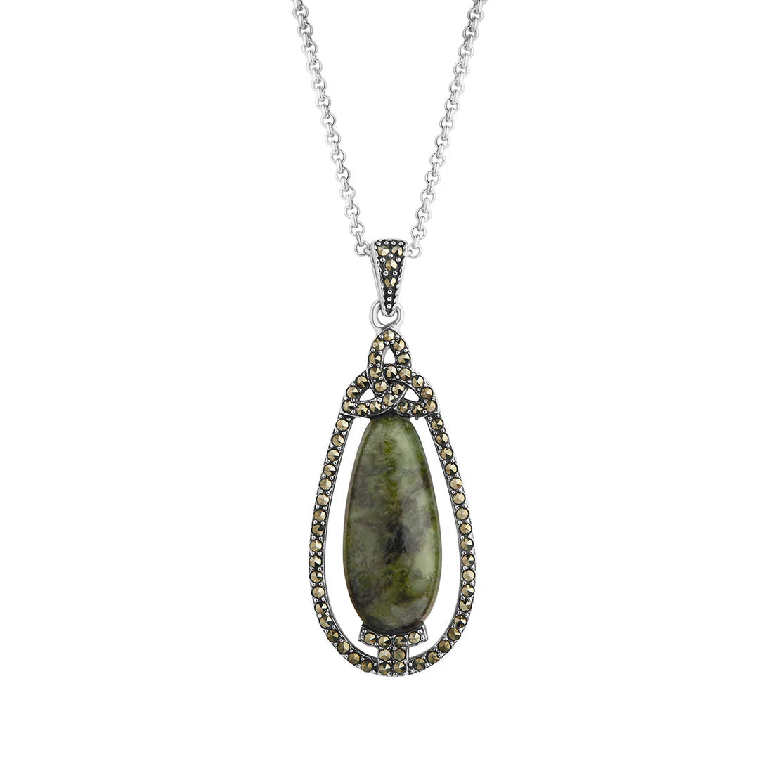 Sterling Silver Marcasite & Marble Trinity Oval Pendant