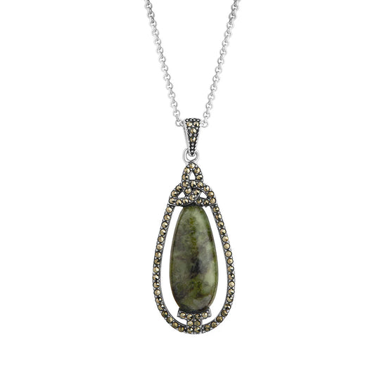 Sterling Silver Marcasite & Marble Trinity Oval Pendant