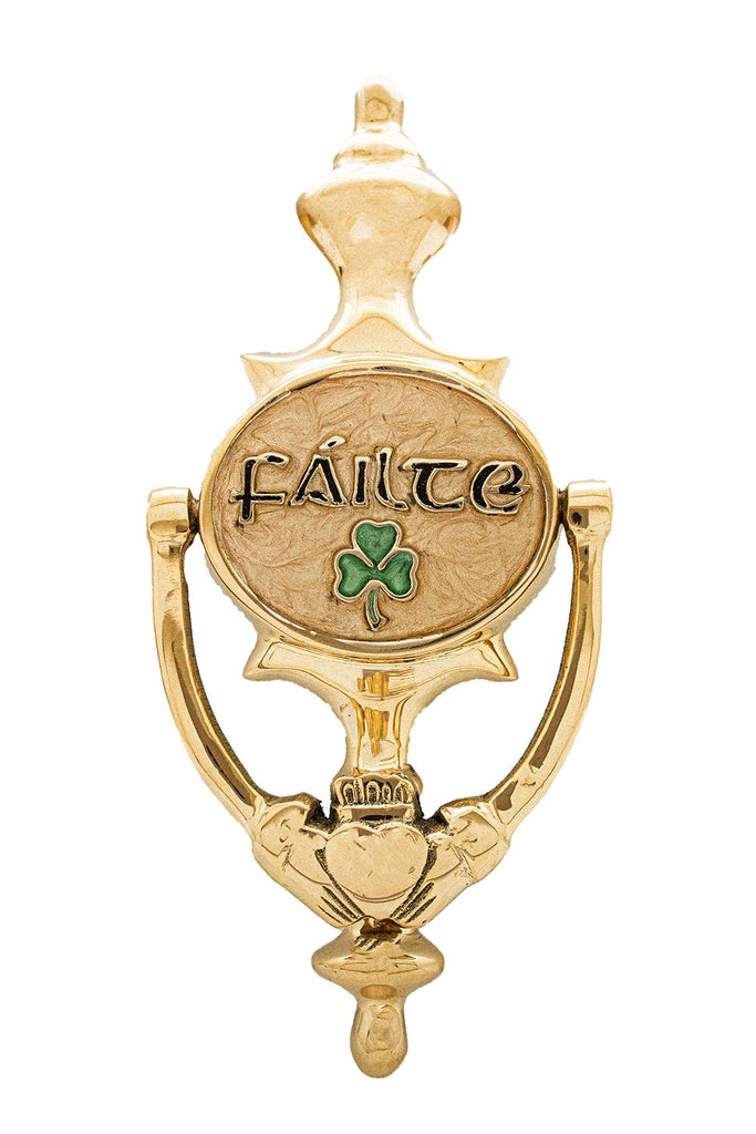 Liffey Artefacts BRASS DOOR KNOCKER FAILTE GREEN SHAMROCK ENAMEL