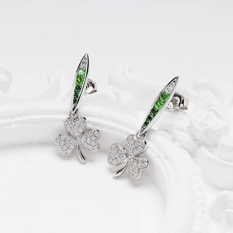 Shanore Sterling Silver Shamrock Earrings with Green and White CZ