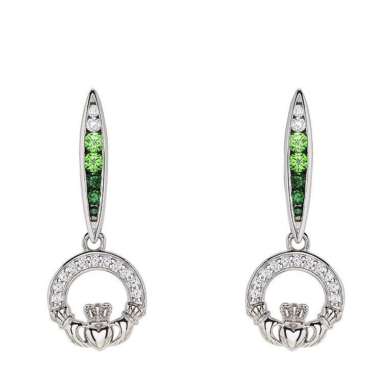 Sterling Silver Green/white CZ Claddagh Earrings