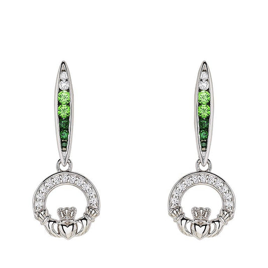 Sterling Silver Green/white CZ Claddagh Earrings