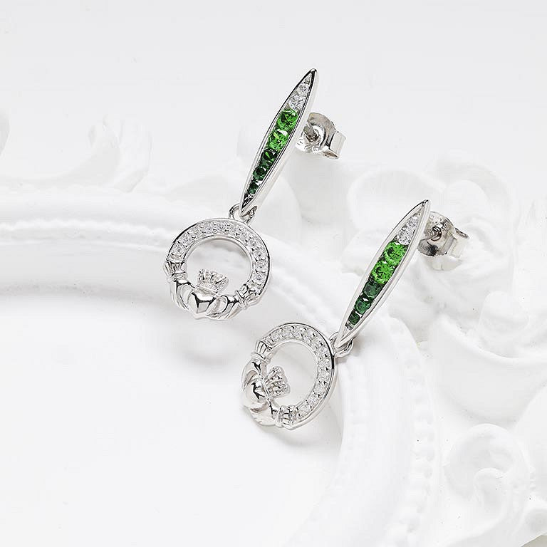 Sterling Silver Green/white CZ Claddagh Earrings