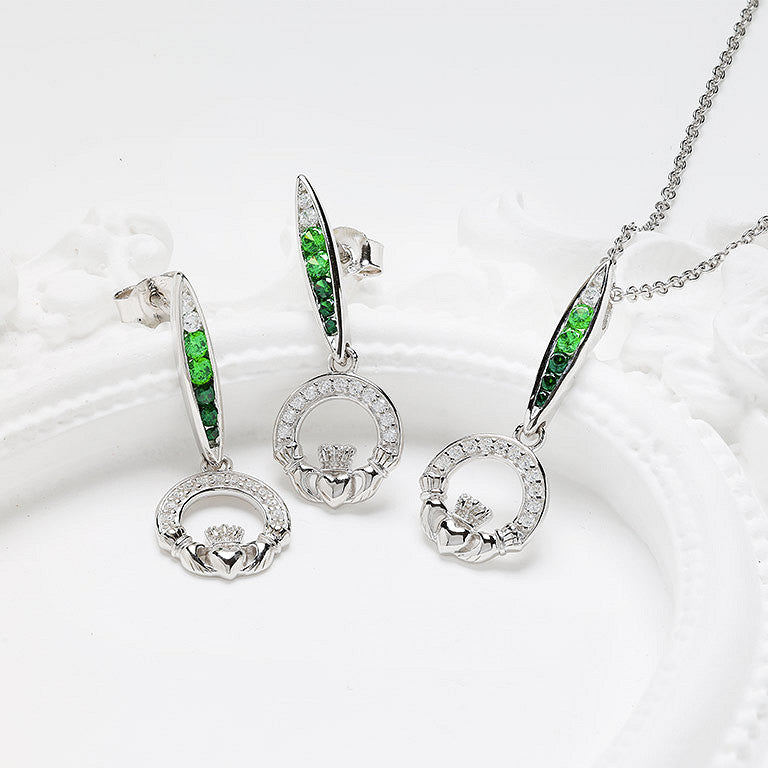 Sterling Silver Green/white CZ Claddagh Earrings