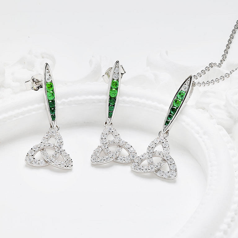 Sterling Silver Green/white CZ Trinity Earrings