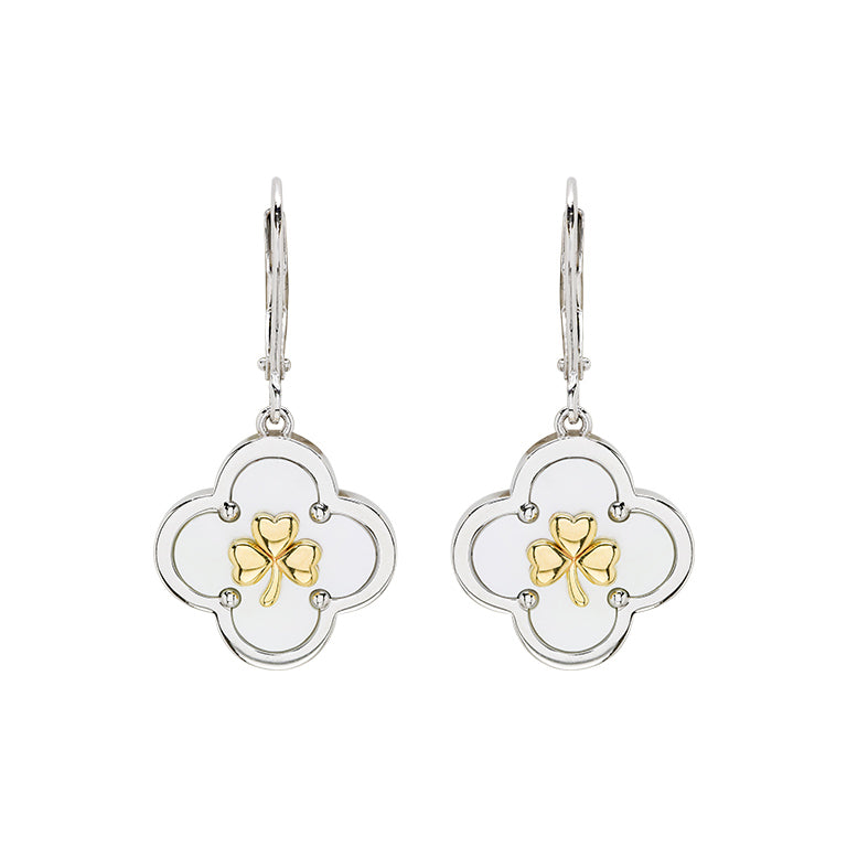 Sterling Silver Shamrock Clover Mother of Pearl Drop Earrings