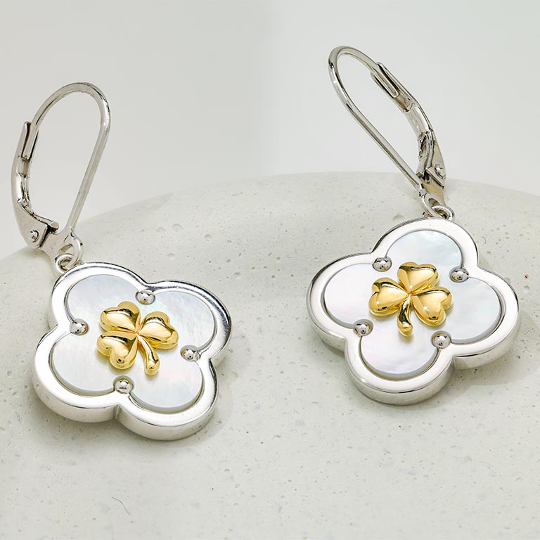 Sterling Silver Shamrock Clover Mother of Pearl Drop Earrings