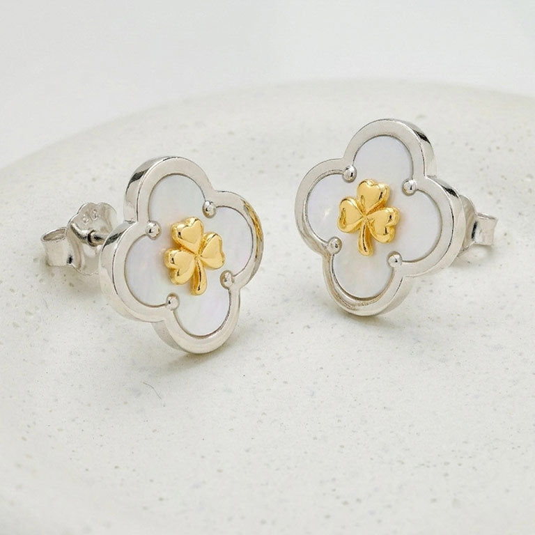 Sterling Silver Shamrock Clover Mother of Pearl Stud Earrings