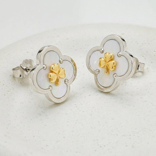 Sterling Silver Shamrock Clover Mother of Pearl Stud Earrings