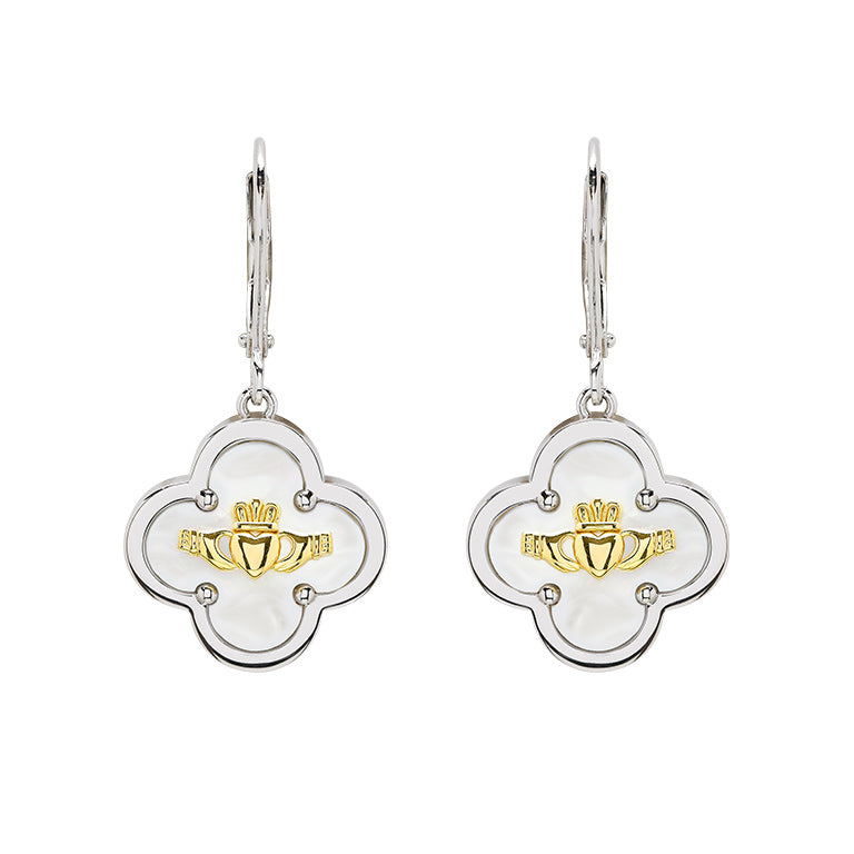 Sterling Silver Claddagh Clover Mother of Pearl Drop Earrings