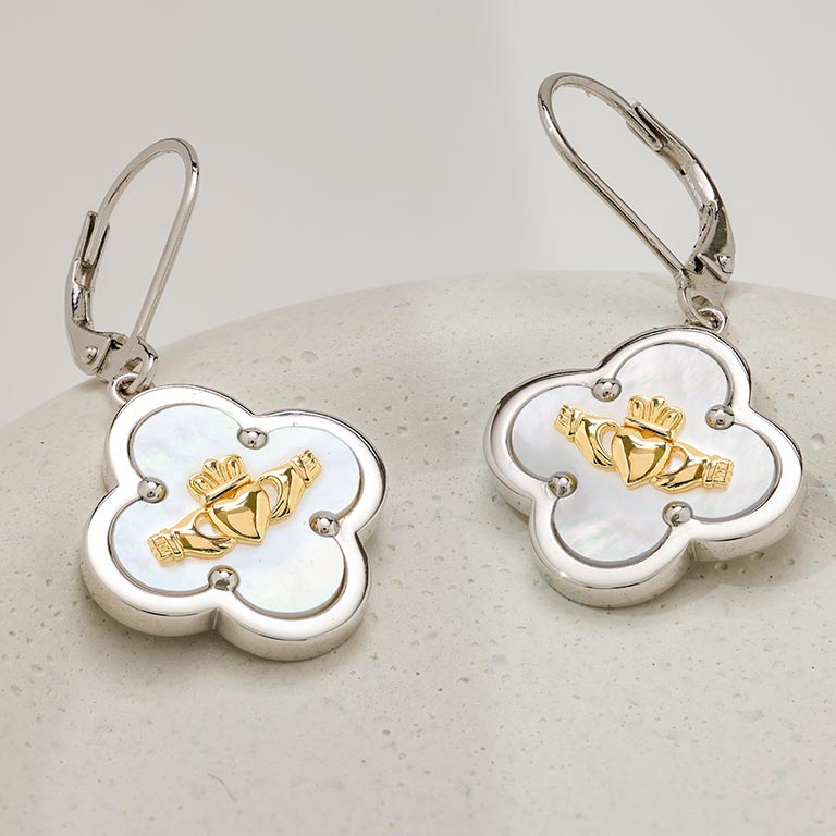 Sterling Silver Claddagh Clover Mother of Pearl Drop Earrings