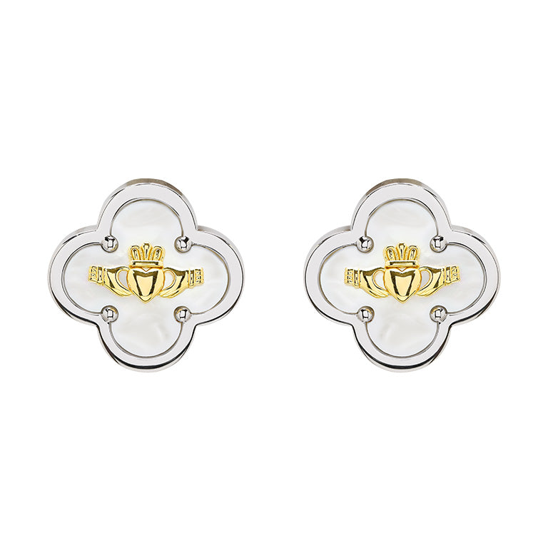 Sterling Silver Claddagh Clover Mother of Pearl Stud Earrings