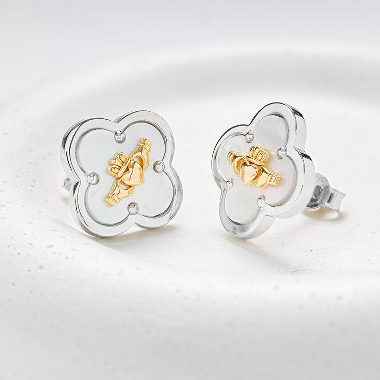 Sterling Silver Claddagh Clover Mother of Pearl Stud Earrings