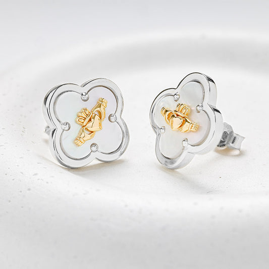 Sterling Silver Claddagh Clover Mother of Pearl Stud Earrings