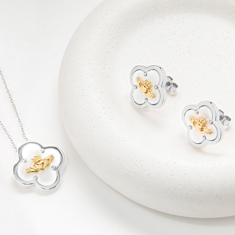 Sterling Silver Claddagh Clover Mother of Pearl Stud Earrings