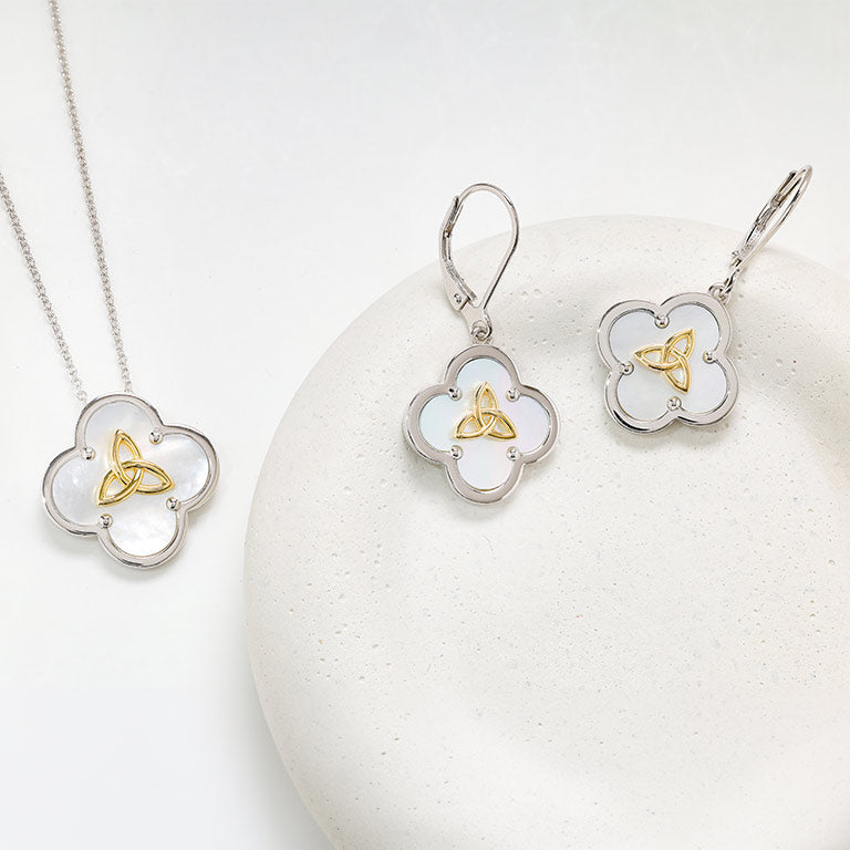 Sterling Silver Trinity Clover Mother of Pearl Drop Earrings