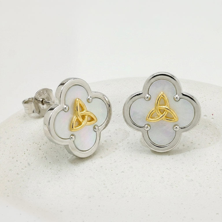 Sterling Silver Trinity Clover Mother of Pearl Stud Earrings