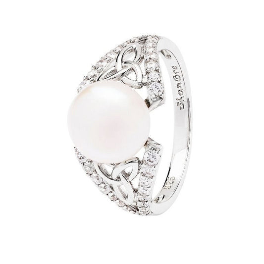 Sterling Silver Trinity Pearl and CZ Ring