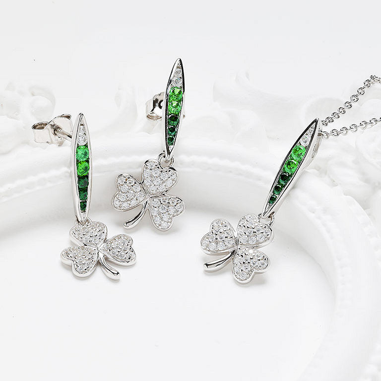 Shanore Sterling Silver Green/white CZ Shamrock Necklace