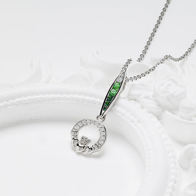 Sterling Silver Green/white CZ Claddagh Necklace