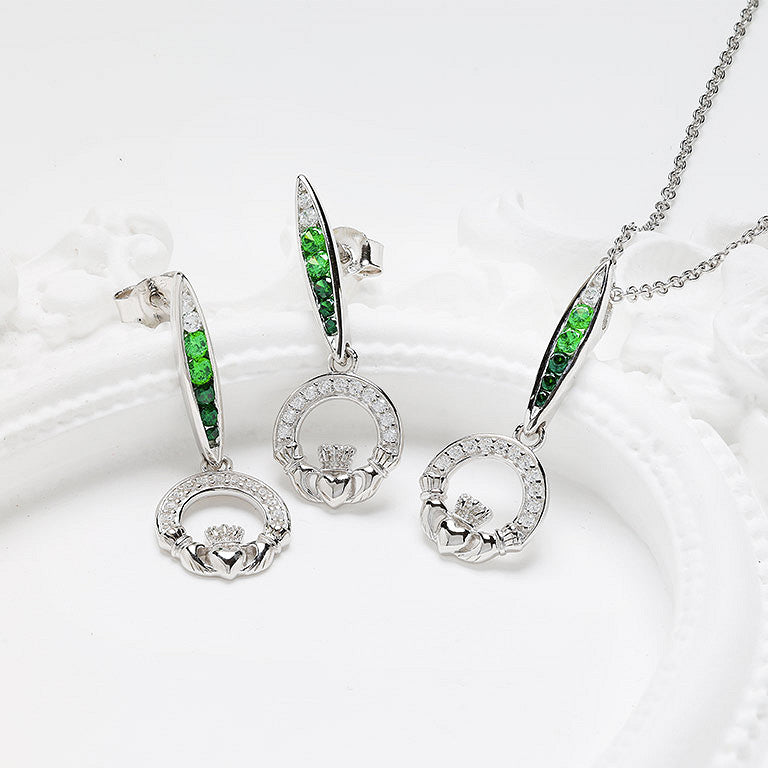 Sterling Silver Green/white CZ Claddagh Necklace