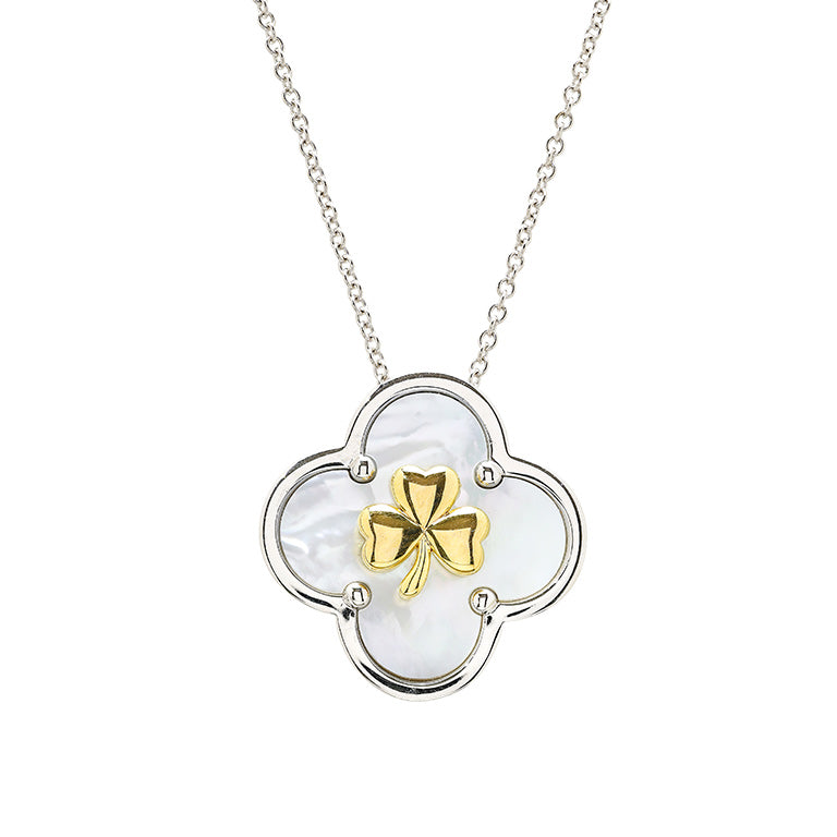 Sterling Silver Shamrock Clover Mother of Pearl Necklace