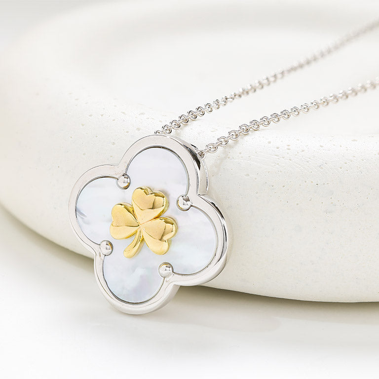 Sterling Silver Shamrock Clover Mother of Pearl Necklace