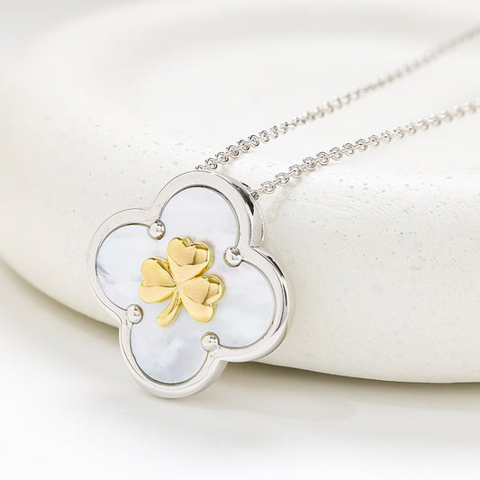 Sterling Silver Shamrock Clover Mother of Pearl Necklace
