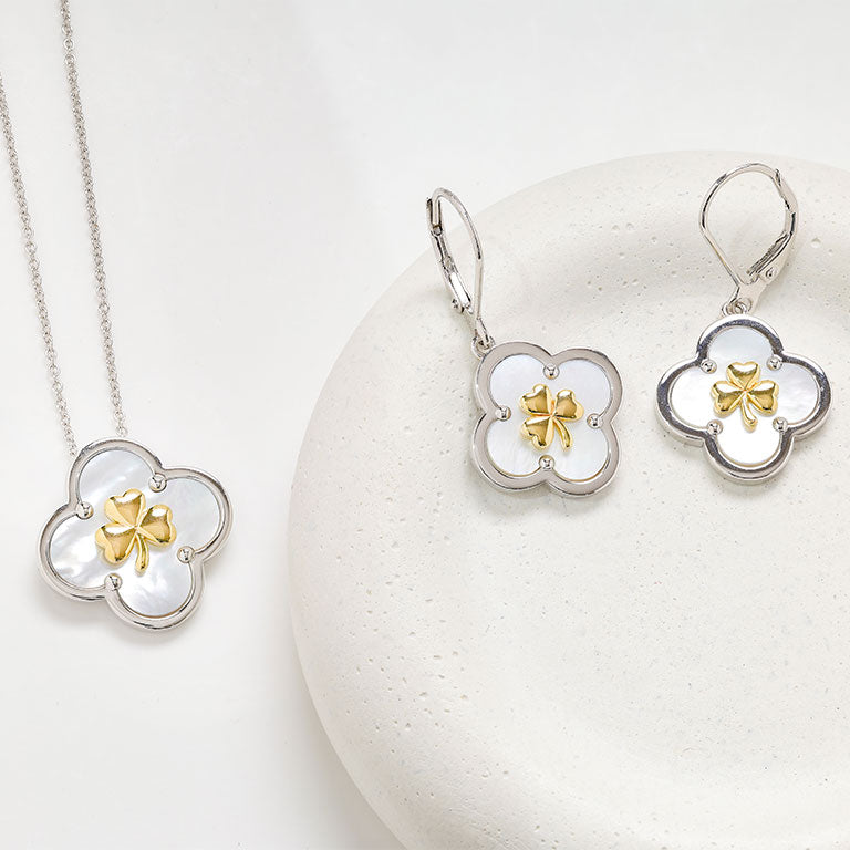 Sterling Silver Shamrock Clover Mother of Pearl Necklace