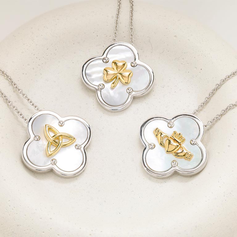 Sterling Silver Shamrock Clover Mother of Pearl Necklace