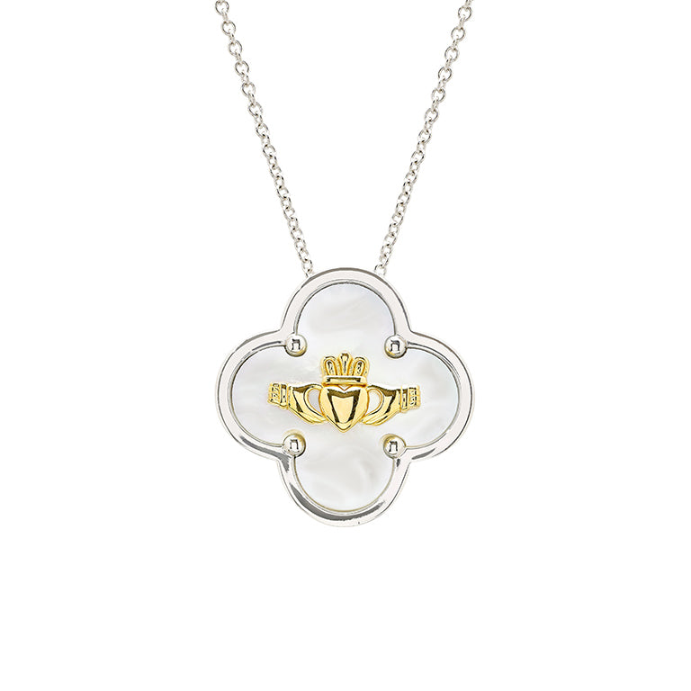 Sterling Silver Claddagh Clover Mother of Pearl Necklace
