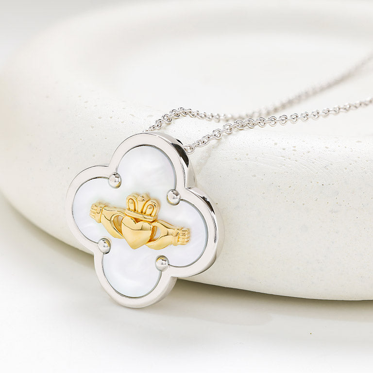 Sterling Silver Claddagh Clover Mother of Pearl Necklace