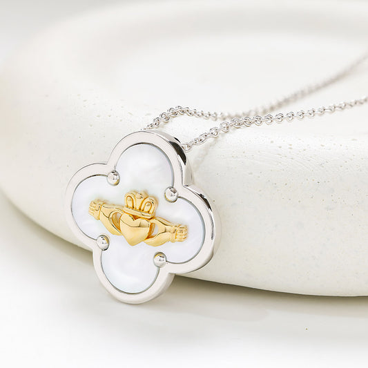 Sterling Silver Claddagh Clover Mother of Pearl Necklace