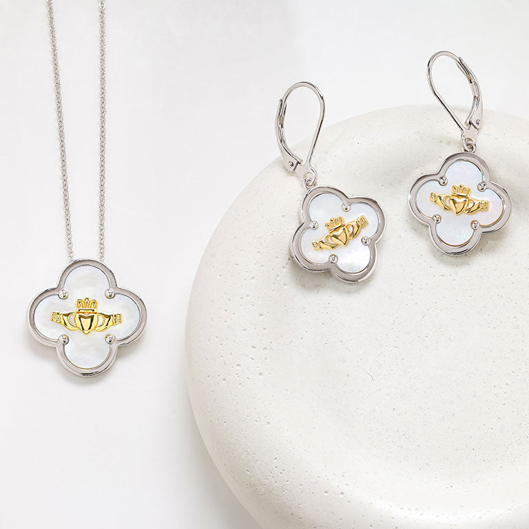 Sterling Silver Claddagh Clover Mother of Pearl Necklace