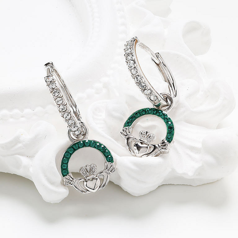 Sterling Silver Emerald Crystal Claddagh Earrings