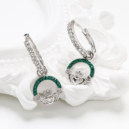 Sterling Silver Emerald Crystal Claddagh Earrings