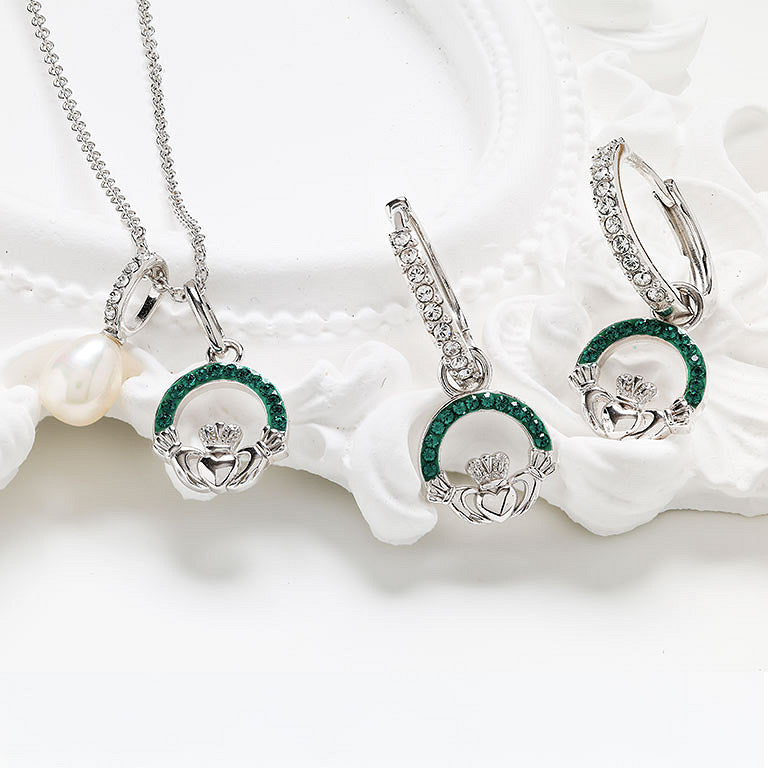 Sterling Silver Emerald Crystal Claddagh Earrings
