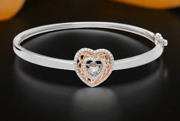 Silver Bangle Dancing Stone Celtic Knot Heart