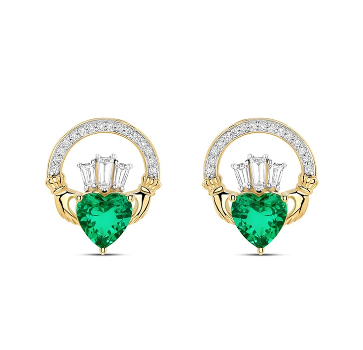 Shanore 14kt Gold Lab Emerald and Diamond Claddagh Drop Earrings