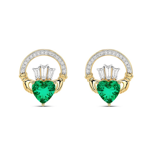 Shanore 14kt Gold Lab Emerald and Diamond Claddagh Drop Earrings